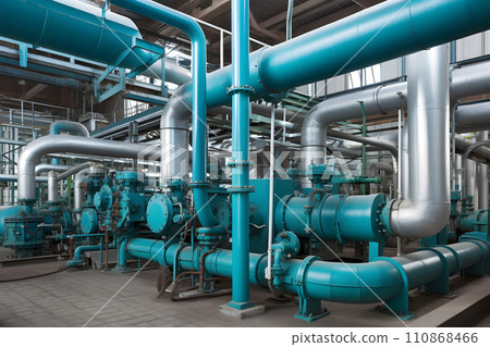 Equipment piping inside of a modern chemical refinery, neural network generated picture 110868466