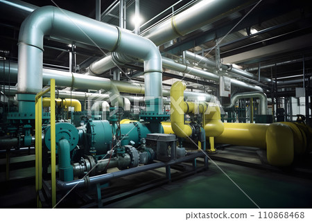 Equipment piping inside of a modern chemical refinery, neural network generated picture Equipment piping inside of a modern chemical refinery, neural network generated picture 110868468