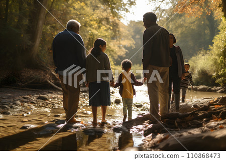 Diverse familiy in summer forest parkland at day light, neural network generated picture 110868473