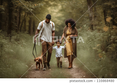 Diverse familiy in summer forest parkland at day light, neural network generated picture 110868480