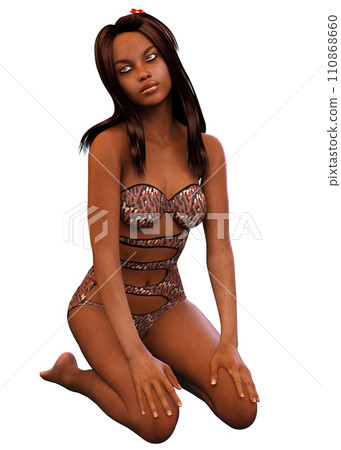 3D Dark skinned girl in leopard print swimsuit 110868660
