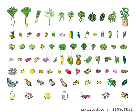 蔬菜、海鮮、加工肉類等食材設定插畫素材 110868931