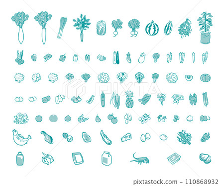 蔬菜、海鮮、加工肉類等食材的雙色插圖集 插圖素材 110868932
