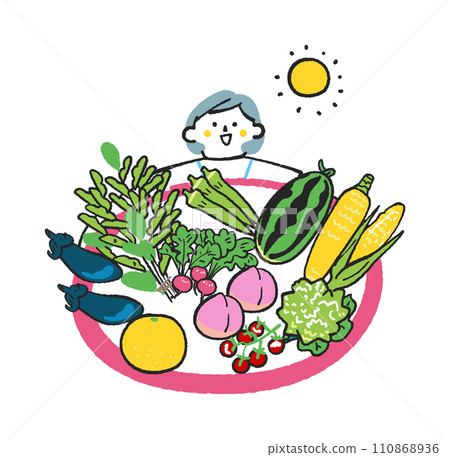 Delicious-looking vegetables and ingredients and woman illustration material Delicious-looking vegetables and ingredients and woman illustration material 110868936