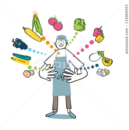 一個穿著圍裙的男人拿著美味蔬菜的主插畫素材 110868941