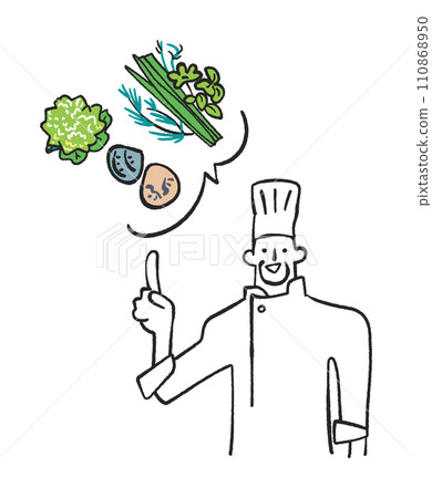 看起來很美味的蔬菜和食材以及廚師插畫素材 110868950