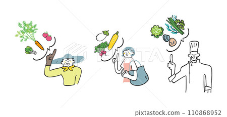 看起來美味的蔬菜和食材,女人,農民,廚師套裝插畫素材 看起來美味的蔬菜和食材,女人,農民,廚師套裝插畫素材 110868952