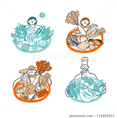Delicious-looking vegetables and ingredients, woman, farmer, chef set illustration material 110868954