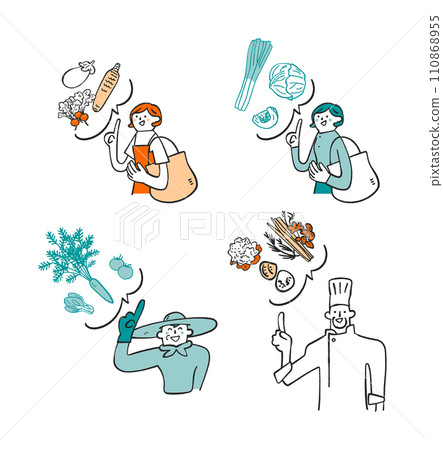看起來美味的蔬菜和食材，女人，農民，廚師套裝插畫素材 110868955