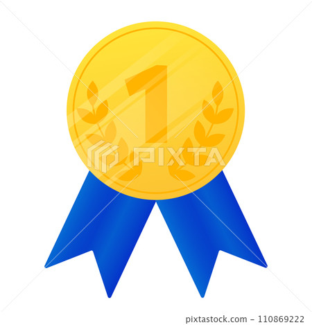 Golden medal, first place. Medal of sport competition. Cartoon design for poster, icon, card, logo, label, banner or sticker. Vector graphic design isolated illustration Golden medal, first place. Medal of sport competition. Cartoon design for poster, icon, card, logo, label, banner or sticker. Vector graphic design isolated illustration 110869222