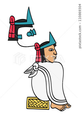 Moctezuma II, ninth Emperor of Aztec Empire, as depicted in Codex Mendoza, with name glyph or royal seal, composed of a turquoise crown on straight hair with attached earspool and separate nosepiece. 110869304