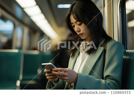 A woman cleaning her smartphone on the bus 01 110869355
