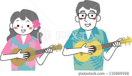 Senior woman and senior man wearing aloha shirts and playing the ukulele Senior woman and senior man wearing aloha shirts and playing the ukulele 110869398