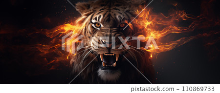 AI-generated content. Photo of a Tiger Closeup on a Dark Fiery Background , Generative AI AI-generated content. Photo of a Tiger Closeup on a Dark Fiery Background , Generative AI 110869733