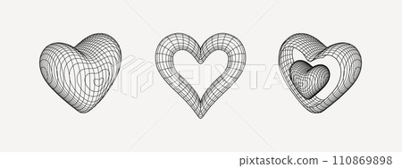 Y2k grid wireframe hearts. Geometry cyberpunk 3D shapes in black and white colors. color in trendy psychedelic rave style. 2000s Y2k retro futuristic aesthetic. Happy Valentines Day. Y2k grid wireframe hearts. Geometry cyberpunk 3D shapes in black and white colors. color in trendy psychedelic rave style. 2000s Y2k retro futuristic aesthetic. Happy Valentines Day. 110869898