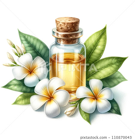 a bottle of plumeria essential oil with plumeria 110870043