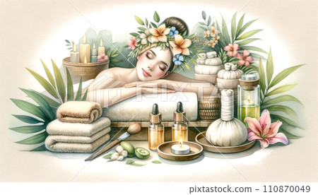 Tranquil Spa Experience Watercolor Illustration	 110870049
