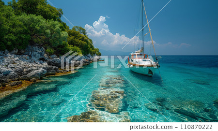 Solitary island in the South Seas, yacht, blue sea and blue sky: detailed CG Solitary island in the South Seas, yacht, blue sea and blue sky: detailed CG 110870222
