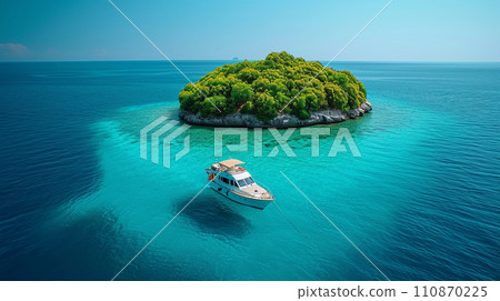 Solitary island in the South Seas, yacht, blue sea and blue sky: detailed CG 110870225