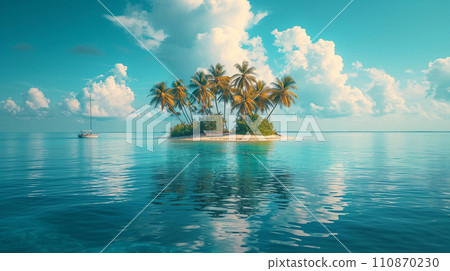 Solitary island in the South Seas, yacht, blue sea and blue sky: detailed CG 110870230