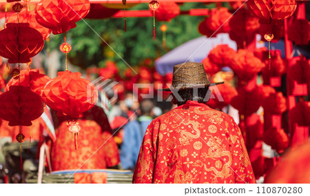 Chinese new year lantern in chinatown area. Translate chinese alphabet " Fu " hanging under lanterns Lantern meaning good fortune. 110870280