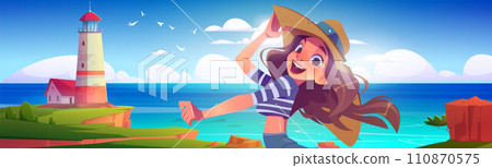 Sea vacation - woman on shore with lighthouse Sea vacation - woman on shore with lighthouse 110870575