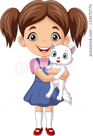 Cartoon little girl hugging her cat 110870770