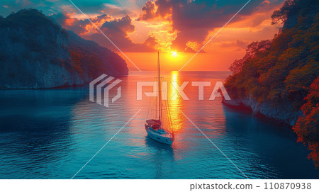 南海孤島、遊艇、夕陽：詳細CG 110870938