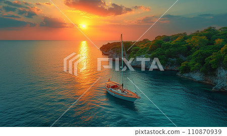 南海孤島、遊艇、夕陽：詳細CG 110870939