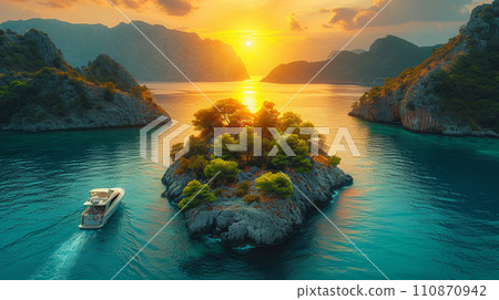 Solitary island in the South Seas, yacht, and sunset: detailed CG Solitary island in the South Seas, yacht, and sunset: detailed CG 110870942