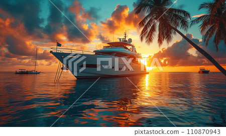 Solitary island in the South Seas, yacht, and sunset: detailed CG Solitary island in the South Seas, yacht, and sunset: detailed CG 110870943