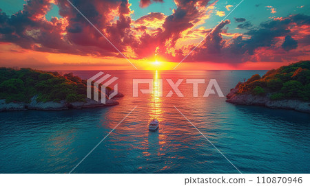 Solitary island in the South Seas, yacht, and sunset: detailed CG Solitary island in the South Seas, yacht, and sunset: detailed CG 110870946