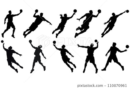 Set of Handball Players Silhouetes,Handball player in action, attack shut in jumping vector silhouette. Set of Handball Players Silhouetes,Handball player in action, attack shut in jumping vector silhouette. 110870961
