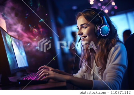 Girl playing games on PC 02 110871112