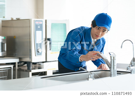 Workers who check the water supply, plumbers, repairers, house cleaning Workers who check the water supply, plumbers, repairers, house cleaning 110871493