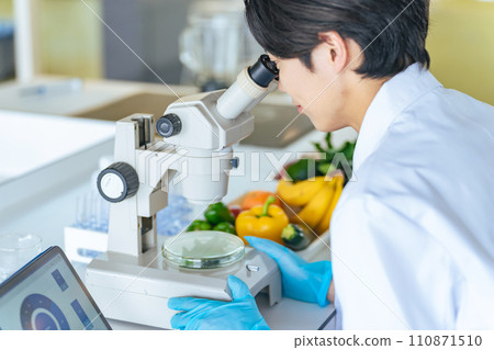 A young researcher observing the ingredients of vegetables under a microscope Registered dietitian 110871510