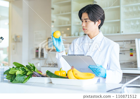 Researchers checking vegetables and fruits 110871512