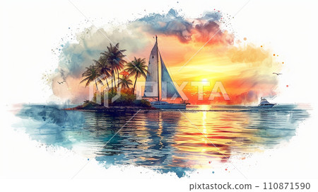 Solitary island in the South Seas, yacht and sunset: watercolor painting 110871590