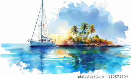 Solitary island in the South Seas, yacht and sunset: watercolor painting Solitary island in the South Seas, yacht and sunset: watercolor painting 110871594