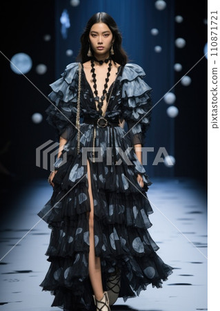 AI-generated content. A model walks down the runway in a blue dress  110871721