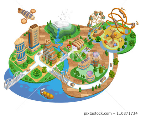 Woody Town - 3D futuristic illustration of a wooden eco-city with variations 110871734