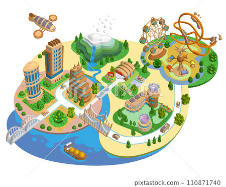 Woody Town - 3D futuristic illustration of a wooden eco-city with variations 110871740