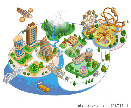 Woody Town - 3D futuristic illustration of a wooden eco-city with variations 110871744