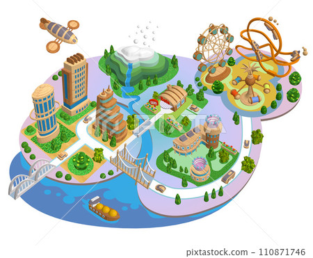 Woody Town - 3D futuristic illustration of a wooden eco-city with variations 110871746