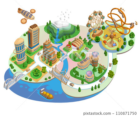 Woody Town - 3D futuristic illustration of a wooden eco-city with variations 110871750