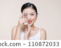 beautiful girl drinking water from transparent glass isolated on white 110872033