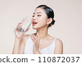 beautiful girl drinking water from transparent glass isolated on white 110872037