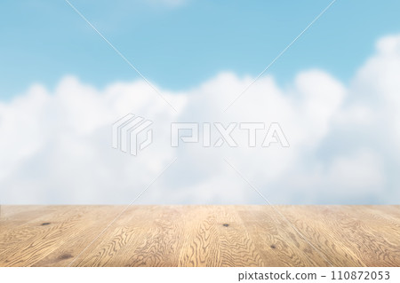 一張木桌的背景圖像，木紋有天空和雲背景 110872053