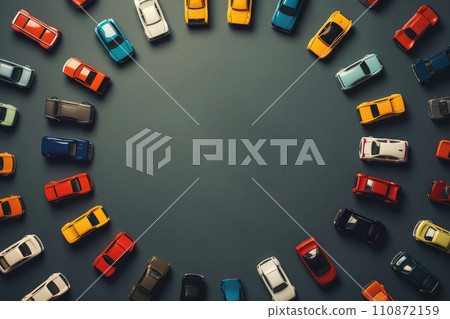 AI generated Top view of colorful toy car collection standing in a circle on in child playing room. AI generated Top view of colorful toy car collection standing in a circle on in child playing room. 110872159