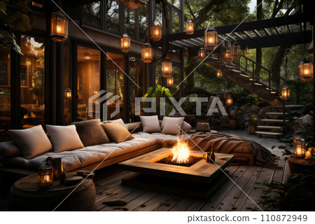 Lounge area on the terrace of the villa with large sofa or couch and a table with light bulbs Lounge area on the terrace of the villa with large sofa or couch and a table with light bulbs 110872949